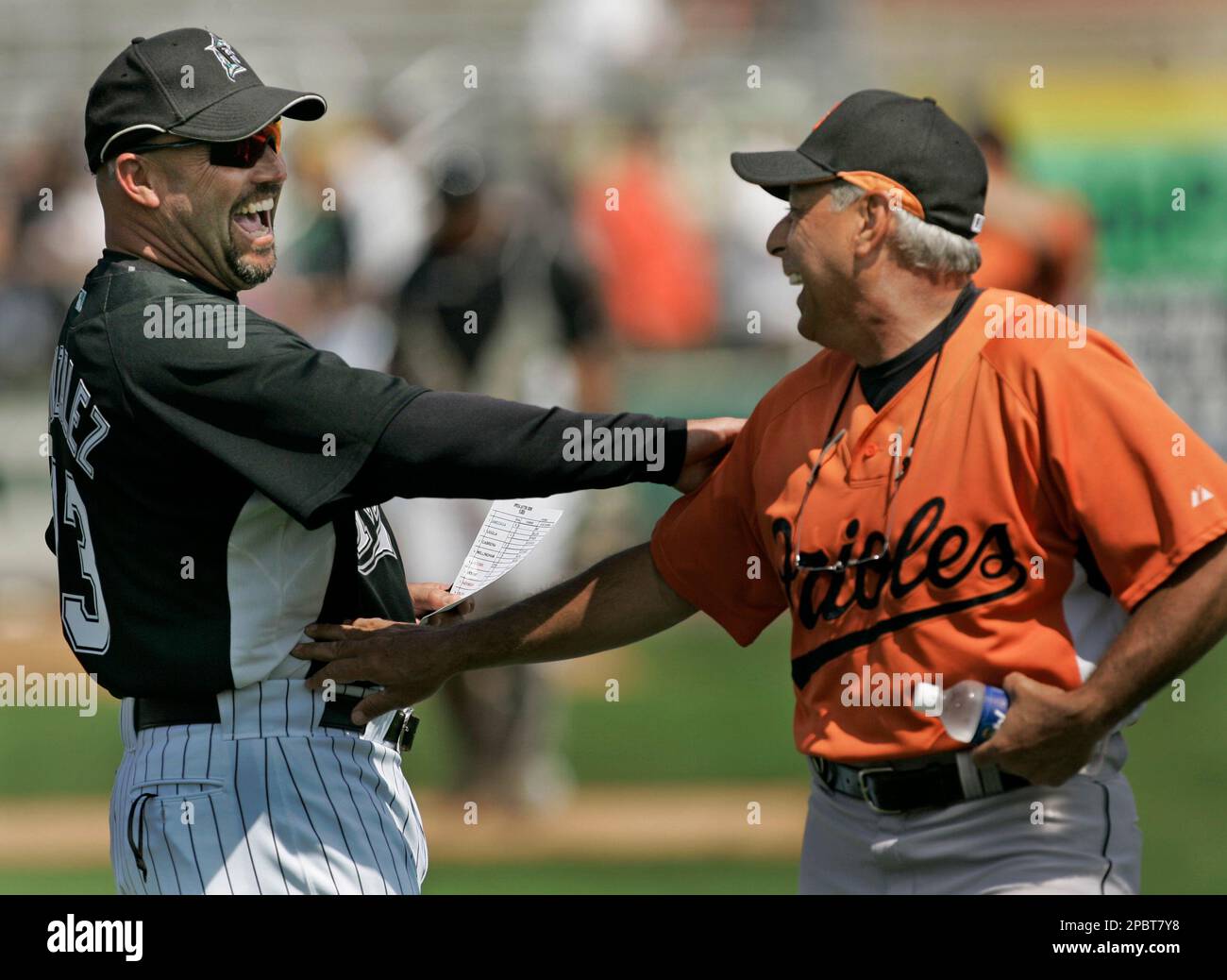Florida Marlins manager Fredi Gonzalez, left, and Baltimore Orioles ...
