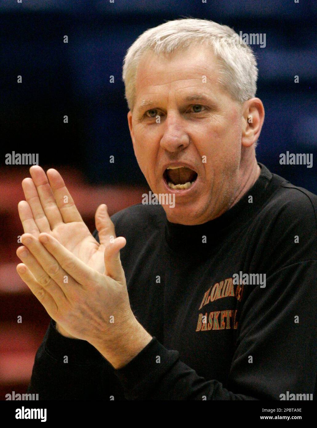 Florida A&M head coach Mike Gillespie Sr. cheers on his players during a  practice for the NCAA play-in basketball game, Monday, March 12, 2007, in  Dayton, Ohio. Florida A&M plays Niagara Tuesday