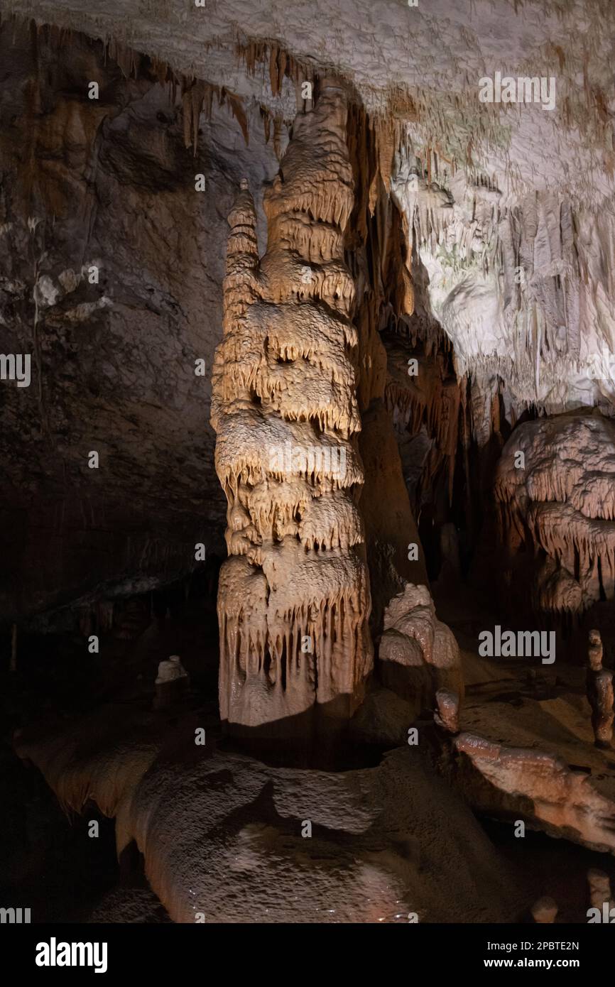 Illuminated stones in a dripstone cave. Inside cave scene. Stock Photo