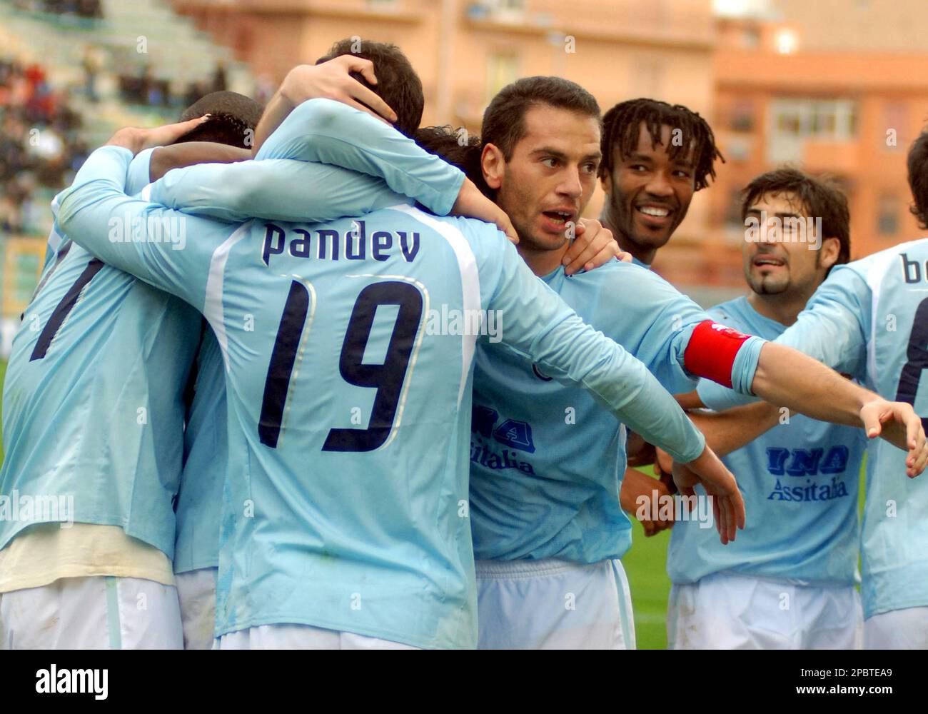 Lazio players cheer after scoring during the Italian Serie A