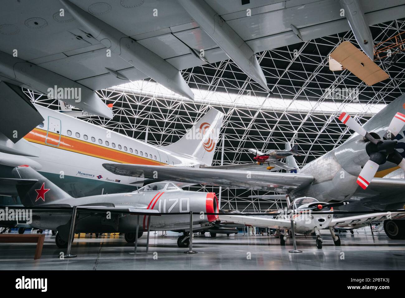 Mikoyan-Gurevich MiG-15Bis and airbus A300B at the Aeroscopia museum near Toulouse, south of France (Haute Garonne) Stock Photo