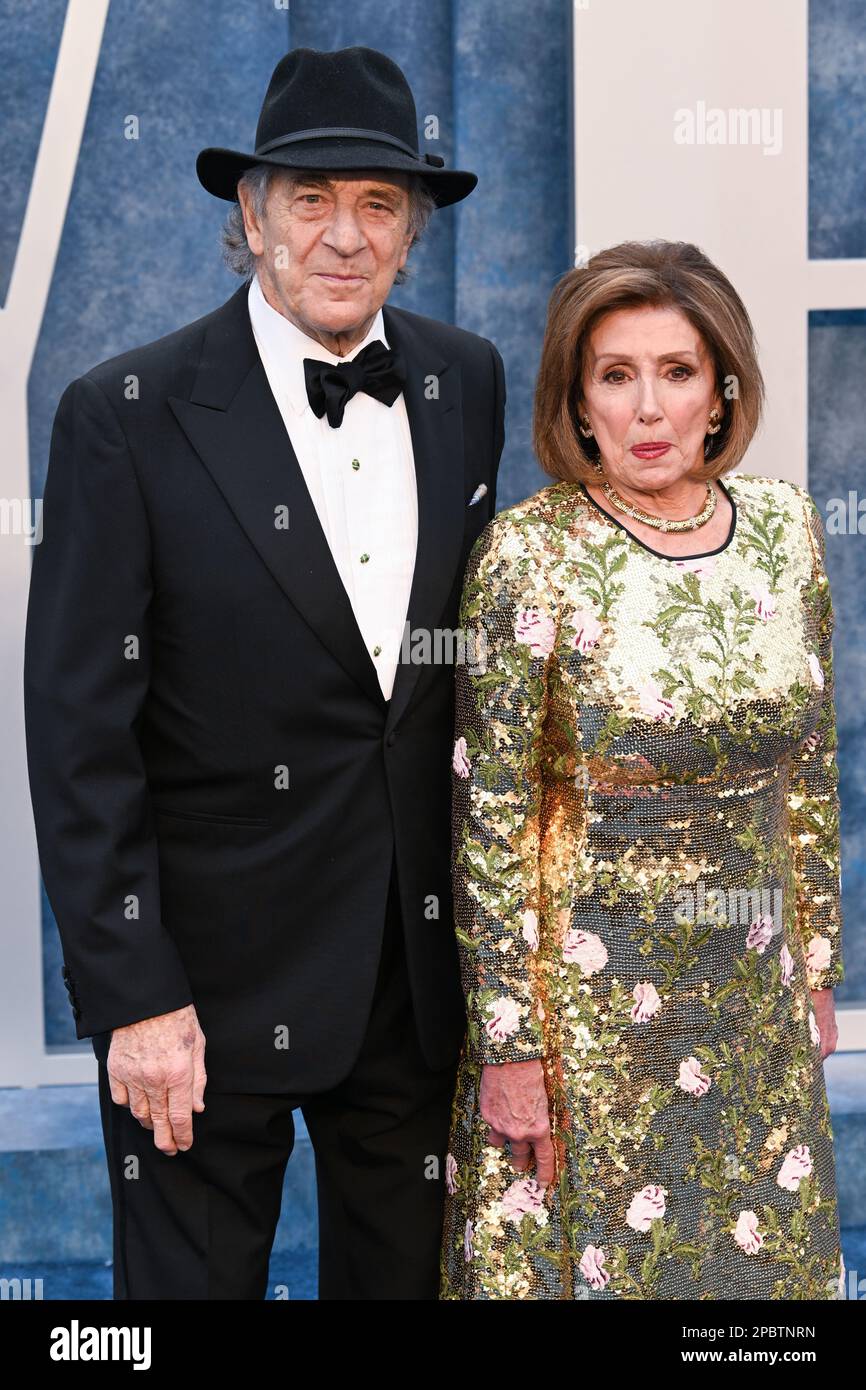Los Angeles, USA. 13th Mar, 2023. March 13th, 2023, Los Angeles, USA. Paul Pelosi and Nancy Pelosi arriving at the Vanity Fair Oscar Party 2023, Wallis Annenberg Center for the Performing Arts, Los Angeles. Credit: Doug Peters/Alamy Live News Stock Photo