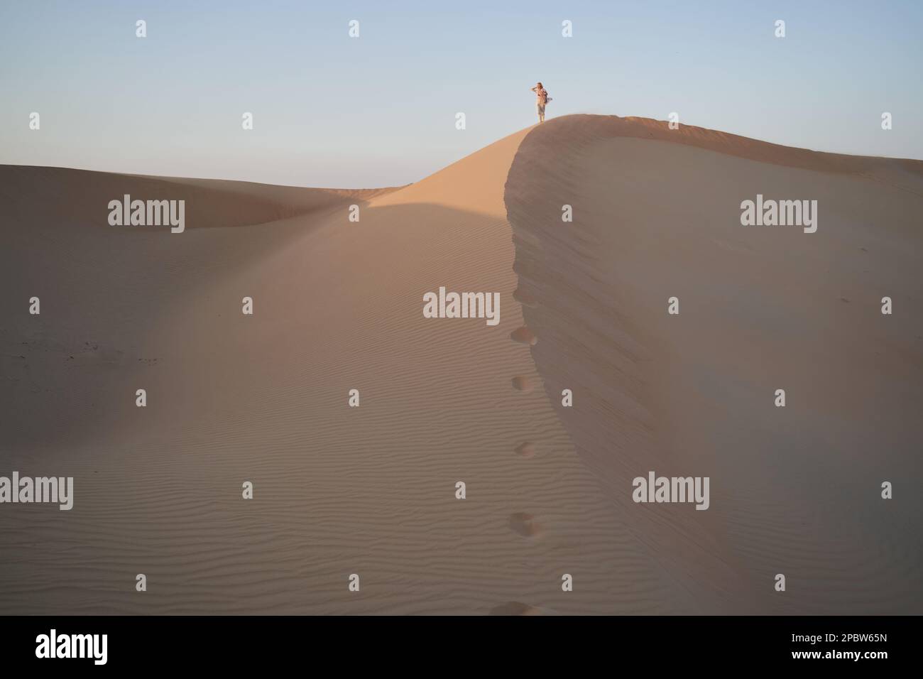 Female traveler is enjoying vacation staying on top of dune. Stock Photo