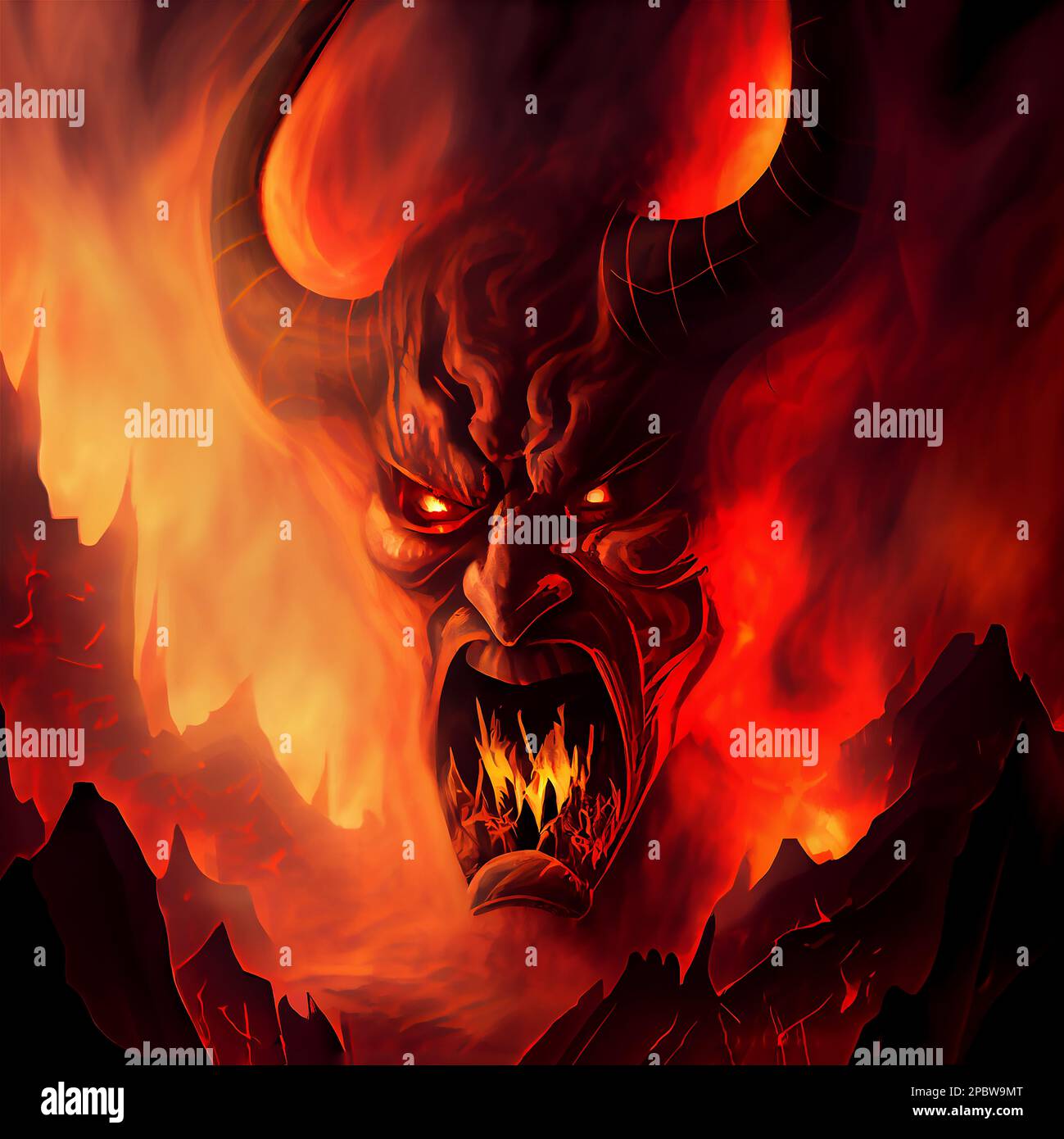 Portrait of an angry alien monster with horns, illustration digital art