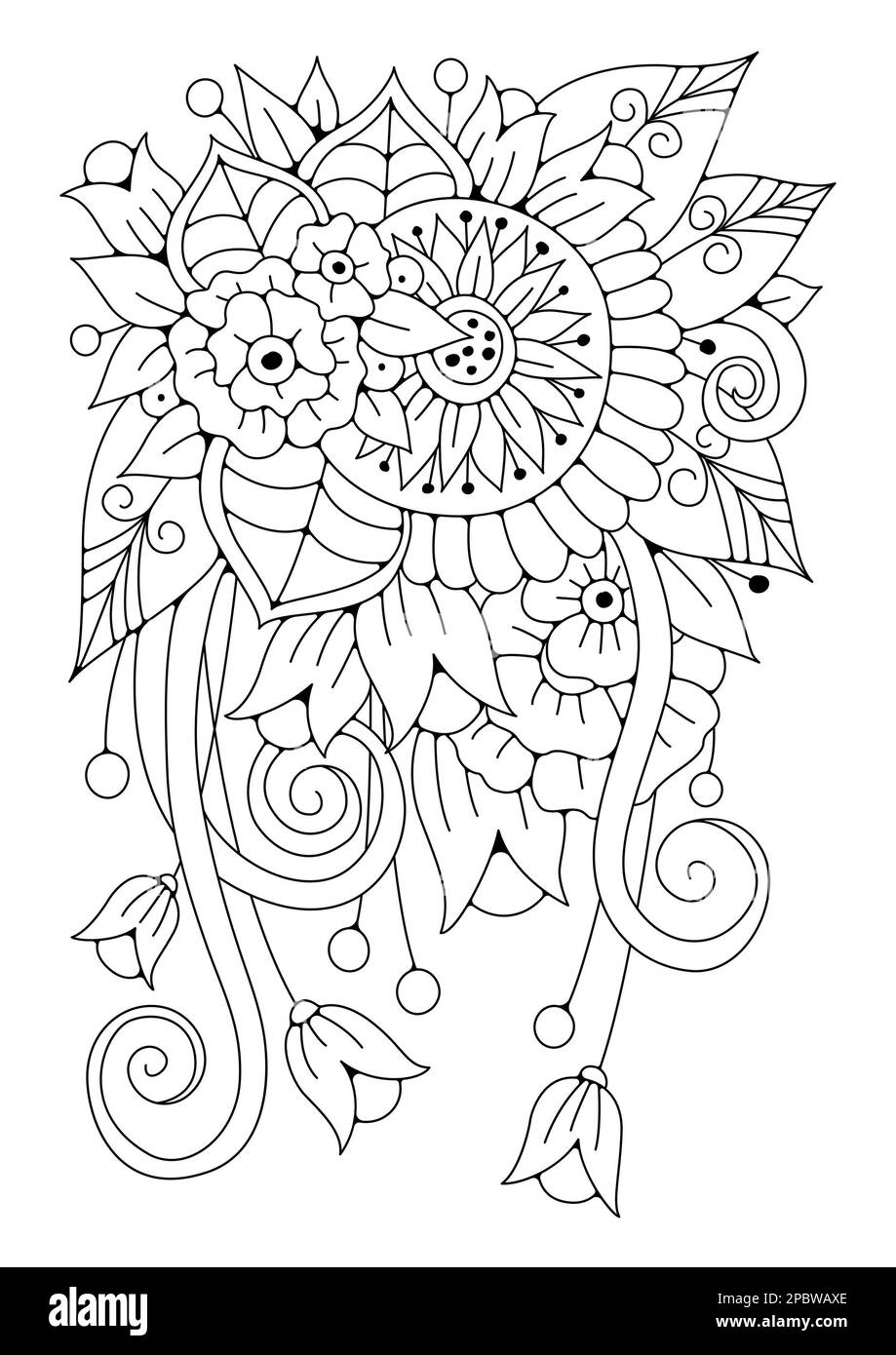 Coloring page with large flower and buds. Vector black and white ...