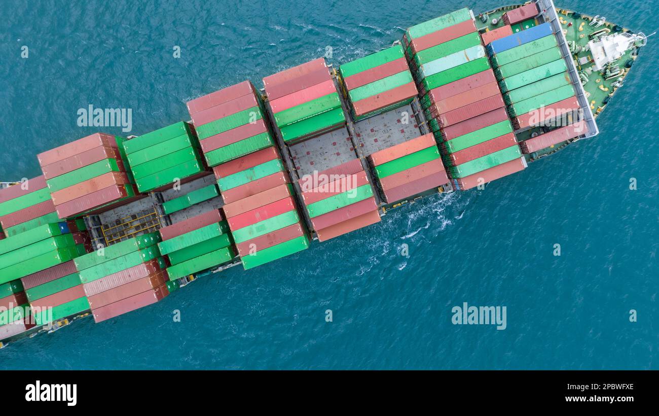 Aerial view of a container cargo ship on the sea. Cargo and shipping logistics business. Export