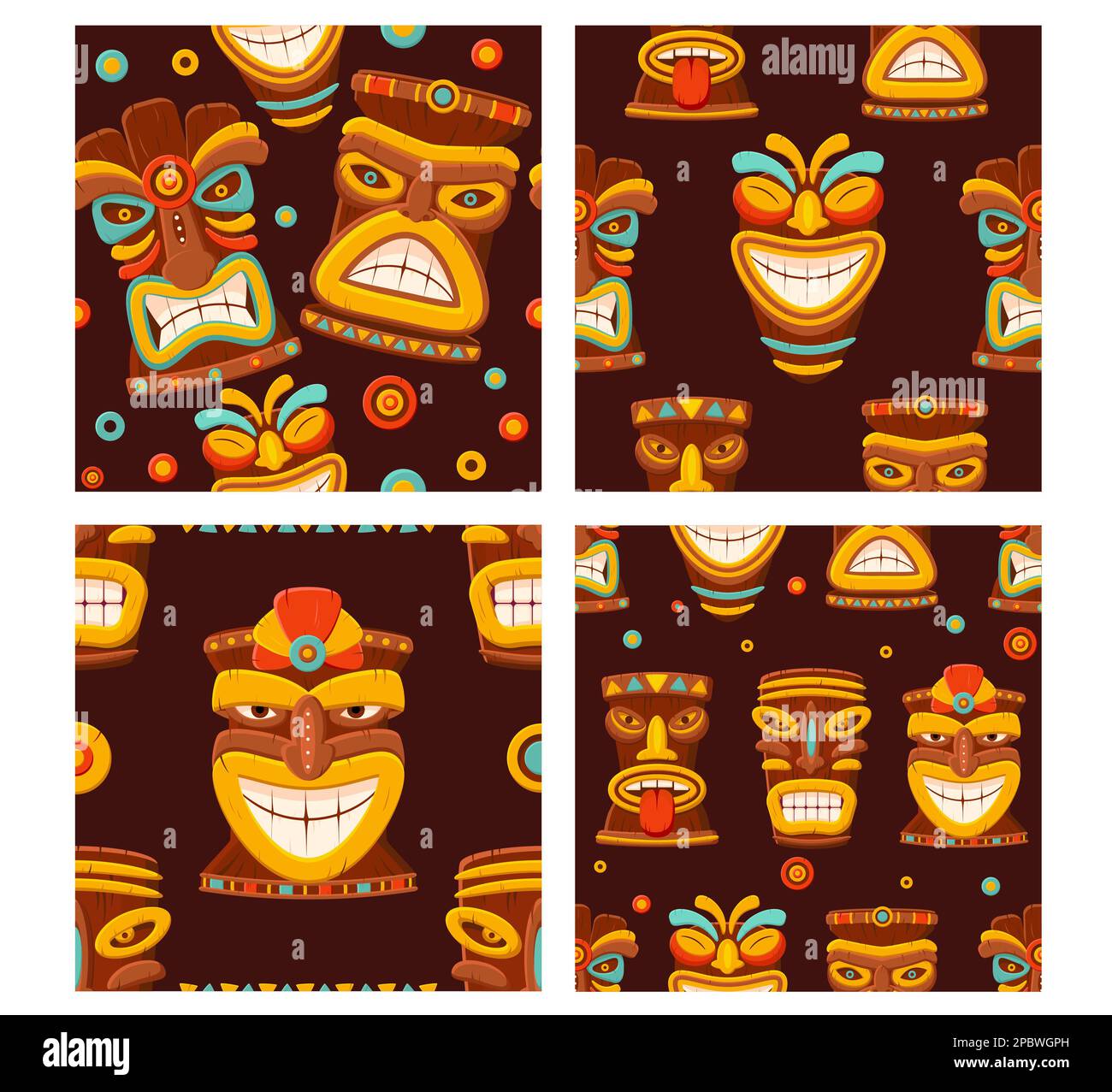 Set of seamless pattern with hawaiian tiki mask. Collection of swatches