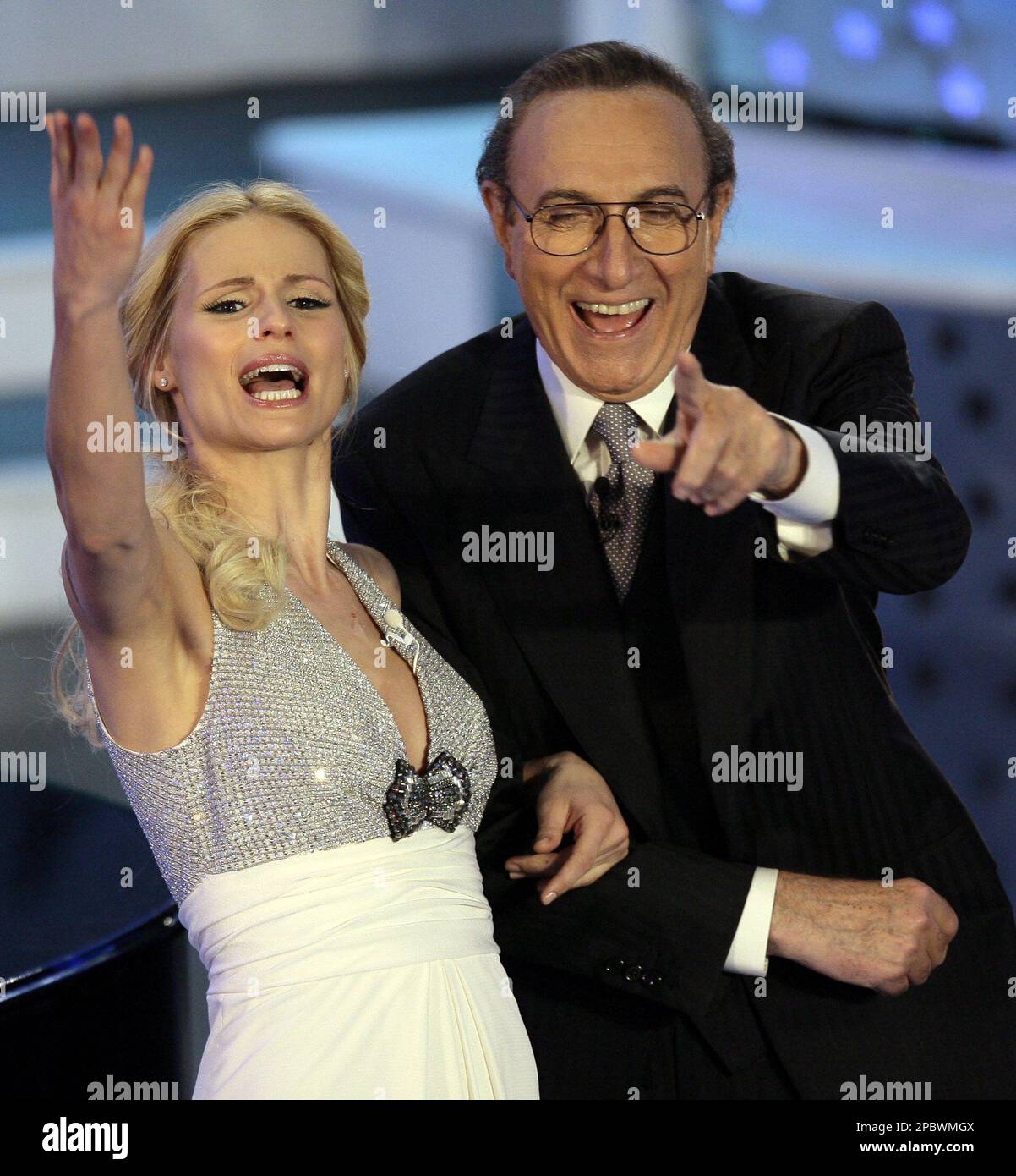 Italian television celebrities Pippo Baudo and Michelle Hunziker during 