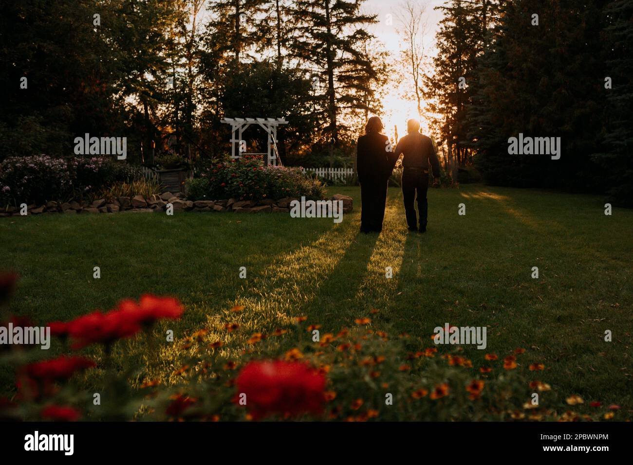 Elderly couple walking through their flower gardens in the eveni Stock ...