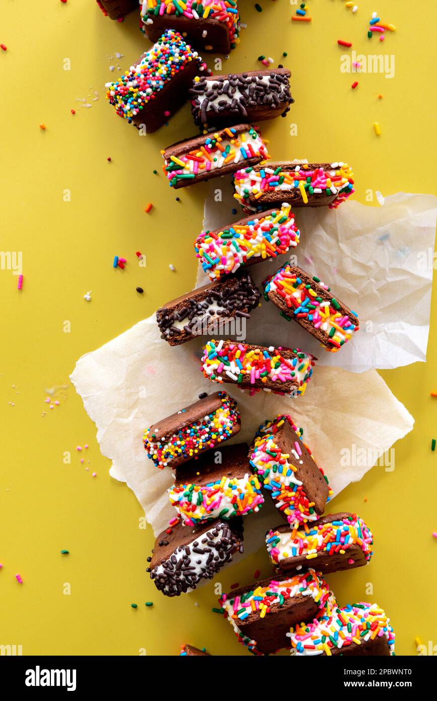 Mini ice cream sandwiches with sprinkles Stock Photo