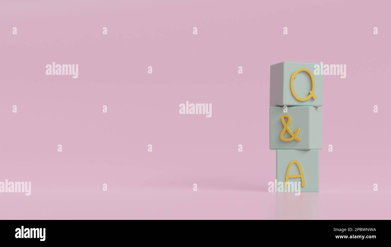 Three green cubes with Q and A on pink background with copy. FAQ ...