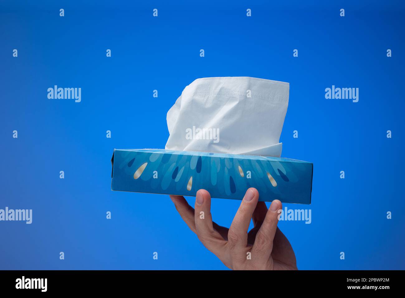 Paper tissue dispenser held by Caucasian male hand. Close up studio shot, isolated on blue background. Stock Photo