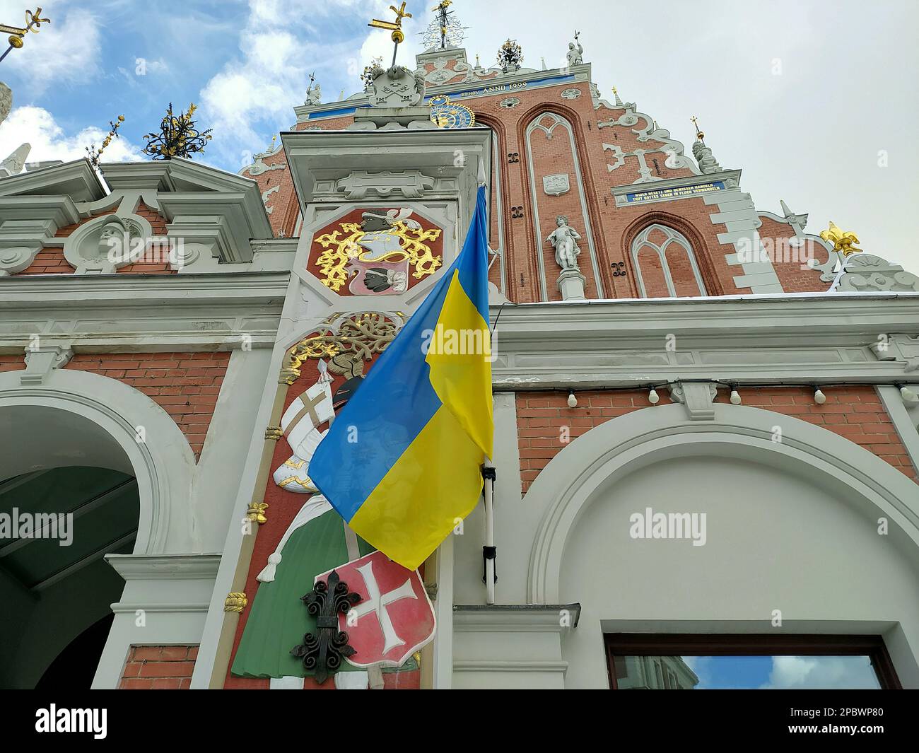Ukrainian symbols in Riga (Latvia). In the picture the Ukrainian flag on the building of the