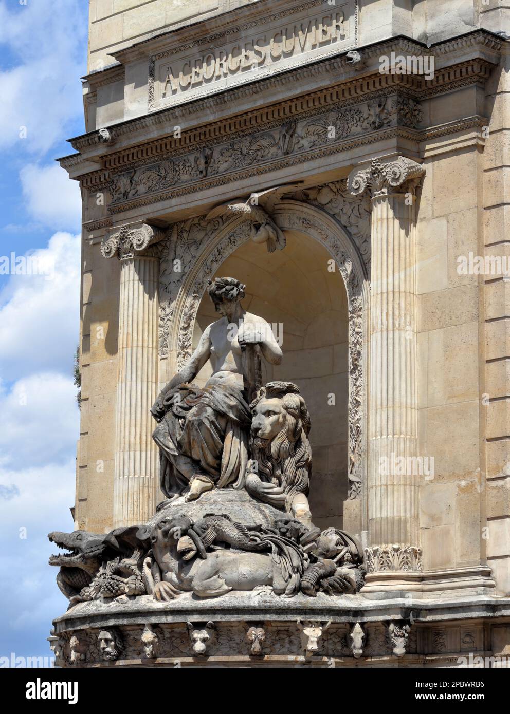 The Georges Cuvier Fountain in Paris, France. A tribute to the eminent French naturalist, by the architect Alphonse Vigoureux in 1840. Stock Photo