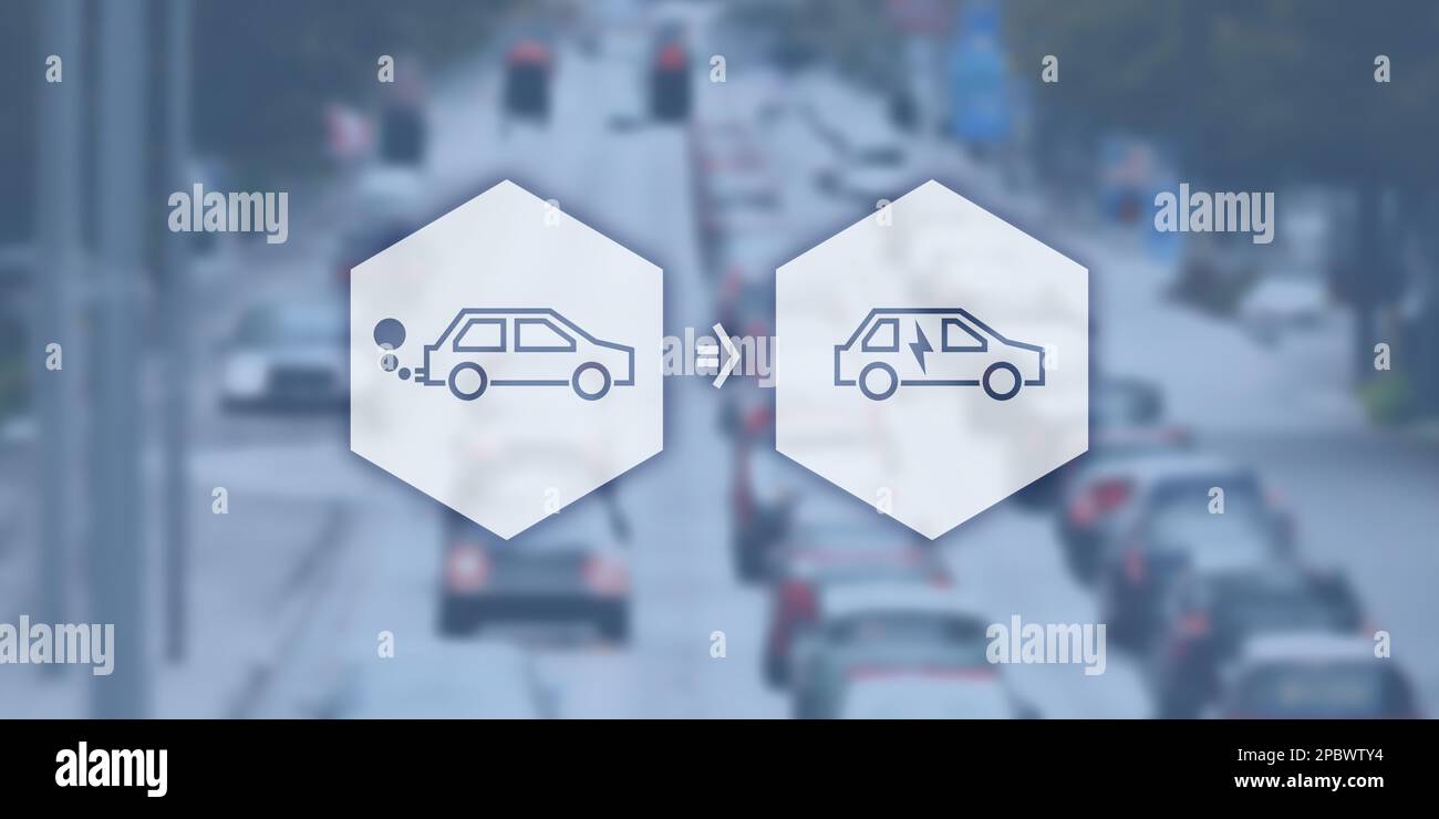 Symbolic image for the change from combustion engines to e-mobility. Icons in front of a background image in header format. Stock Photo