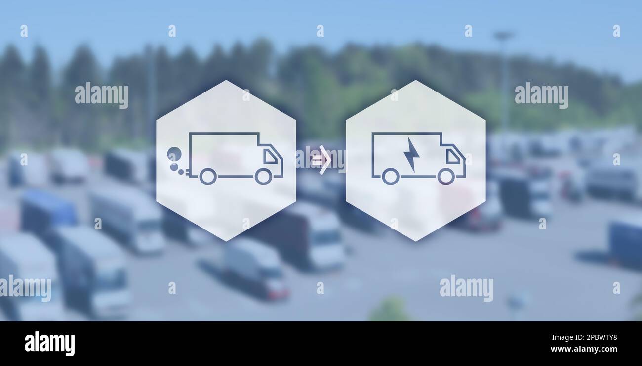 Symbolic image for the change from combustion engines in trucks to e-mobility. Icons in front of a background image in header format. Stock Photo