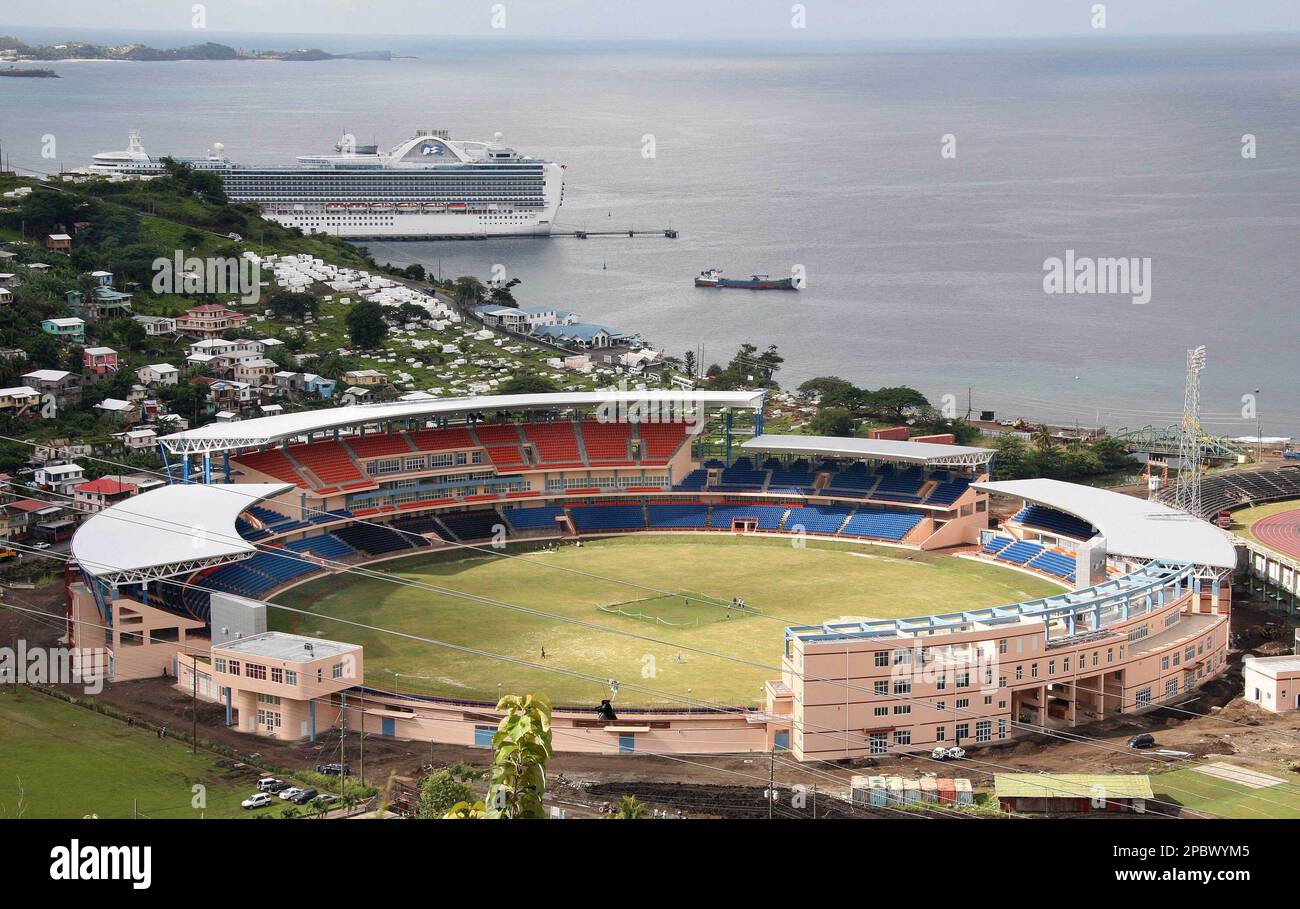 An aerial view of the National Stadium in St. George's, Grenada, is