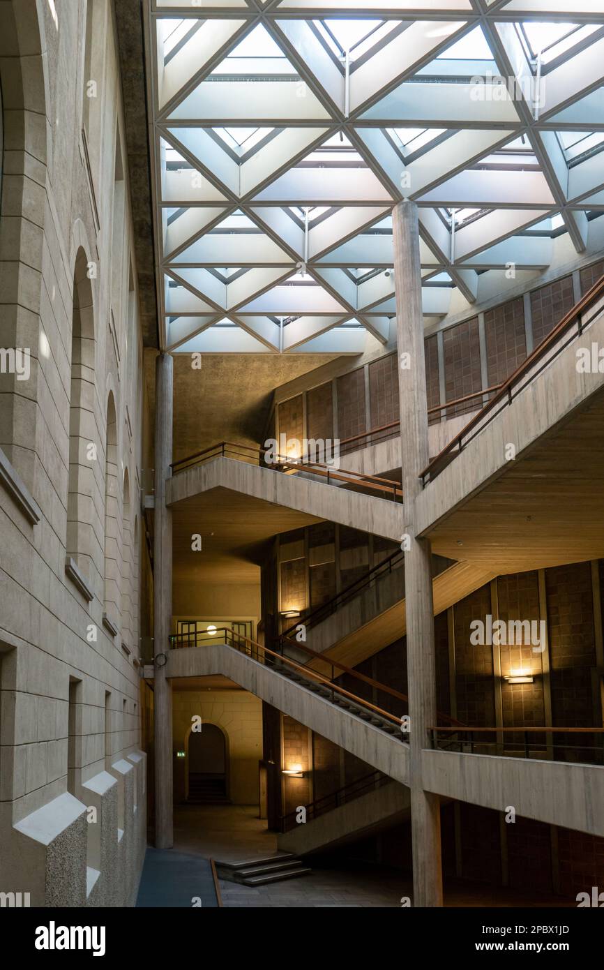 ETH University Zurich, Switzerland. Wide angle interior shot of beautiful staircase and corridor architecture. No people. Stock Photo