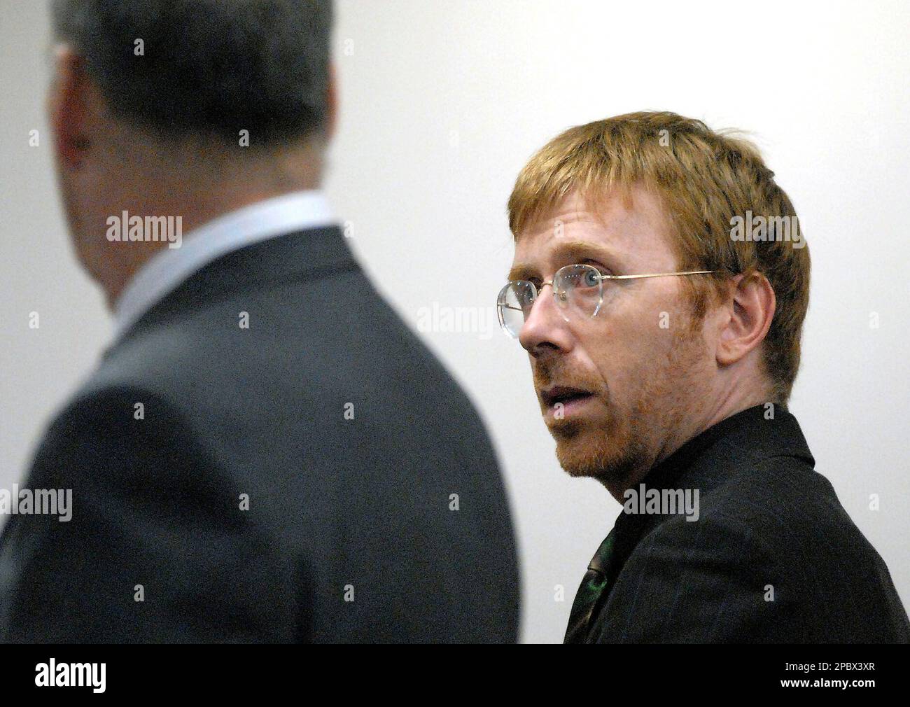 Former Phish singer Trey Anastasio , right , talks with his lawyer Steve Coffey during Anastasio's appearance in Washington County court in Fort Edward, N.Y, Tuesday afternoon, Feb. 27, 2007. Arrested on drug charges during a Dec. 15 traffic stop, Anastasio pleaded not guilty Tuesday and was released on bail. (AP Photo/The Post Star, Erin Reid Coker) Stock Photo