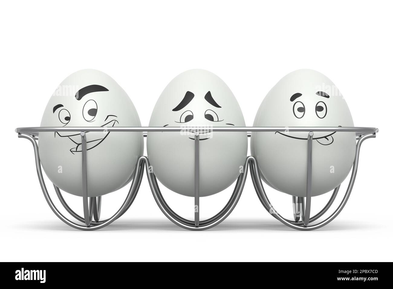 Farm white painted egg with expressions and funny face in metal wire tray on white background. 3d render of Easter eggs template design for greeting a Stock Photo