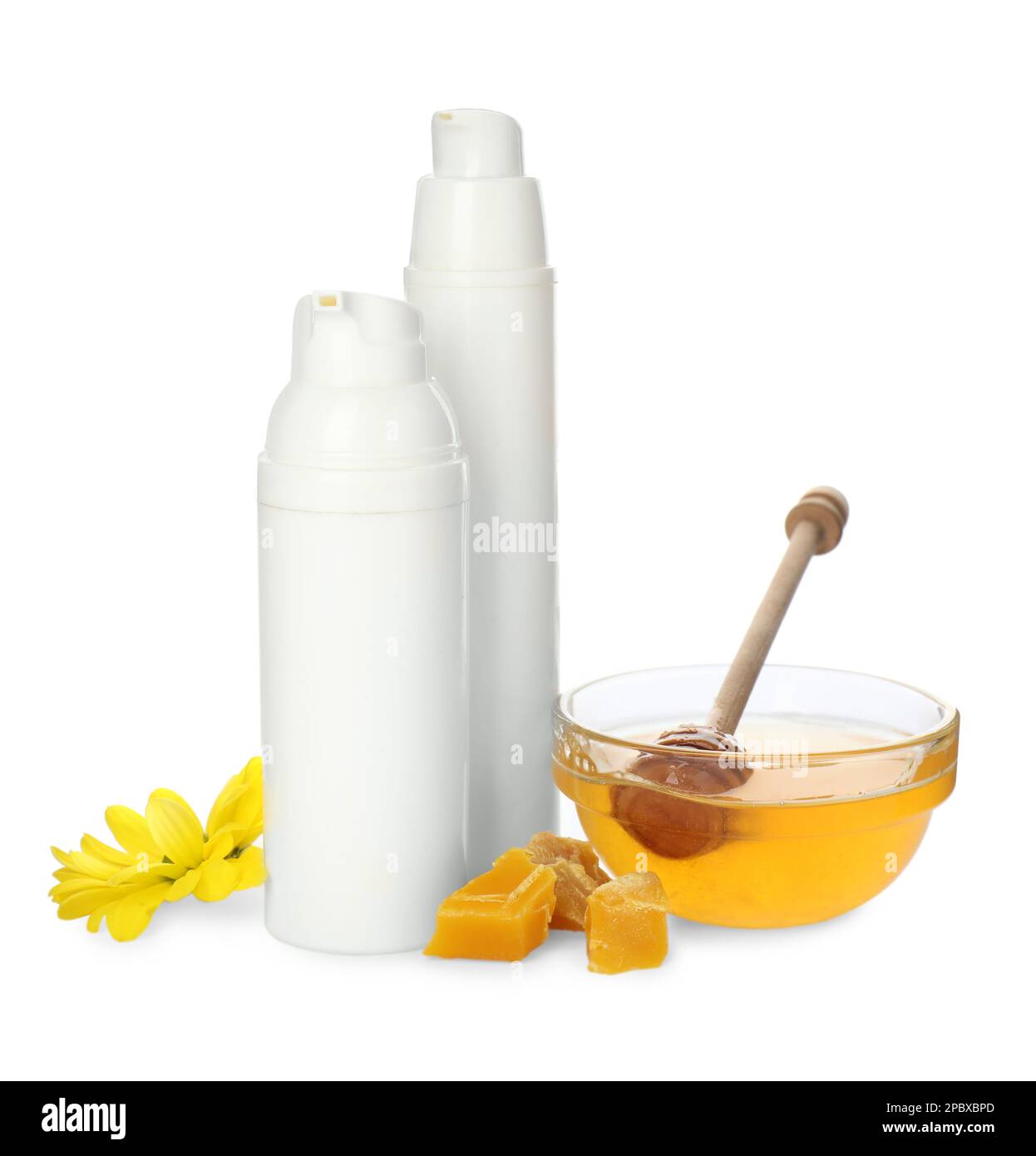 Natural beeswax, different cosmetic products and honey on white background Stock Photo Alamy