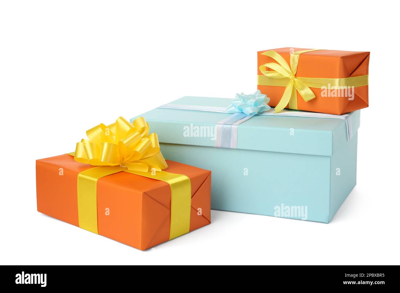 Colorful gift boxes with bows on white background Stock Photo - Alamy