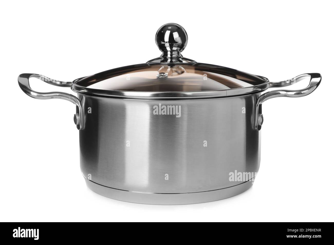 New shiny pot with glass lid isolated on white Stock Photo Alamy