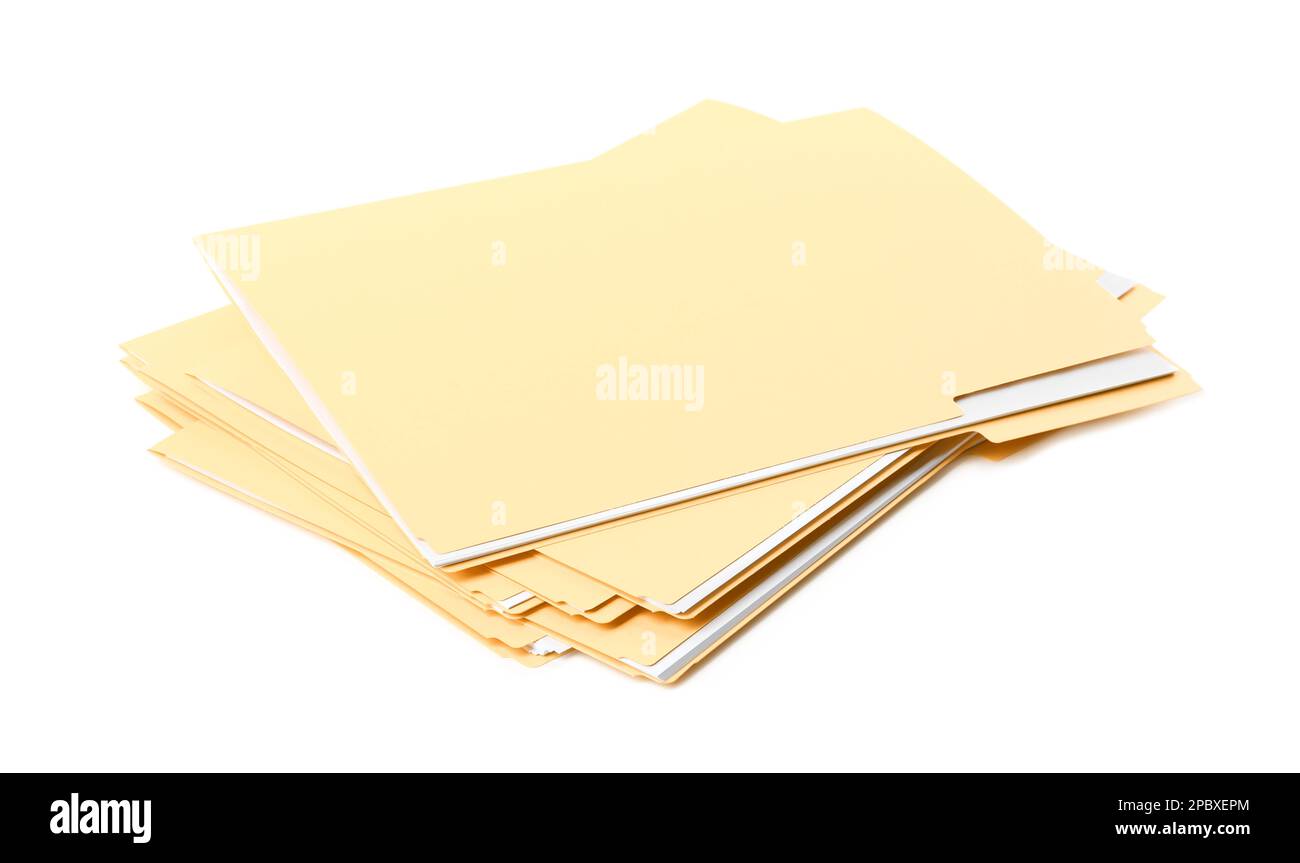 Stack of yellow files with documents on white background Stock Photo