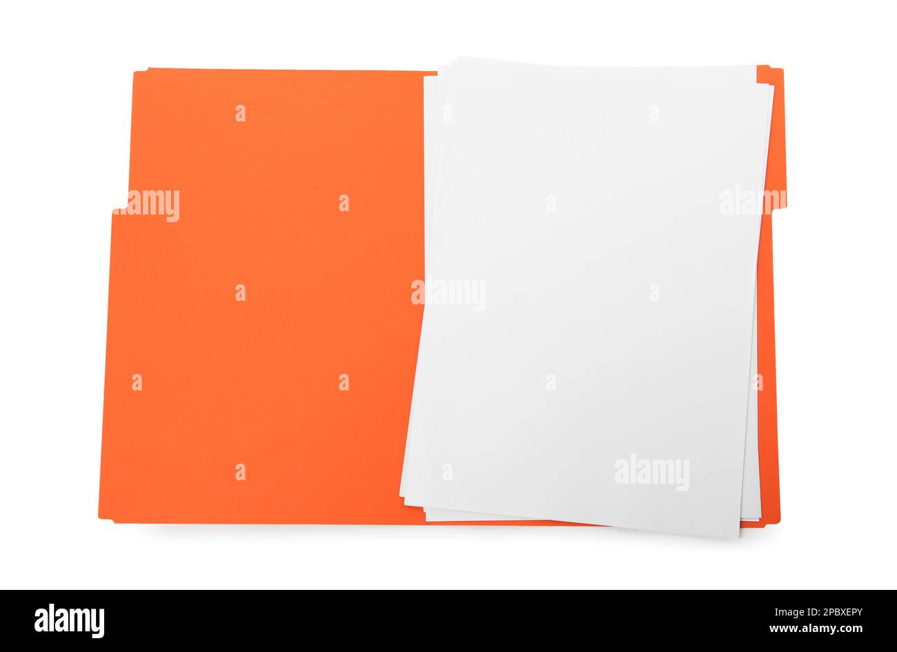 Orange file with blank sheets of paper isolated on white, top view