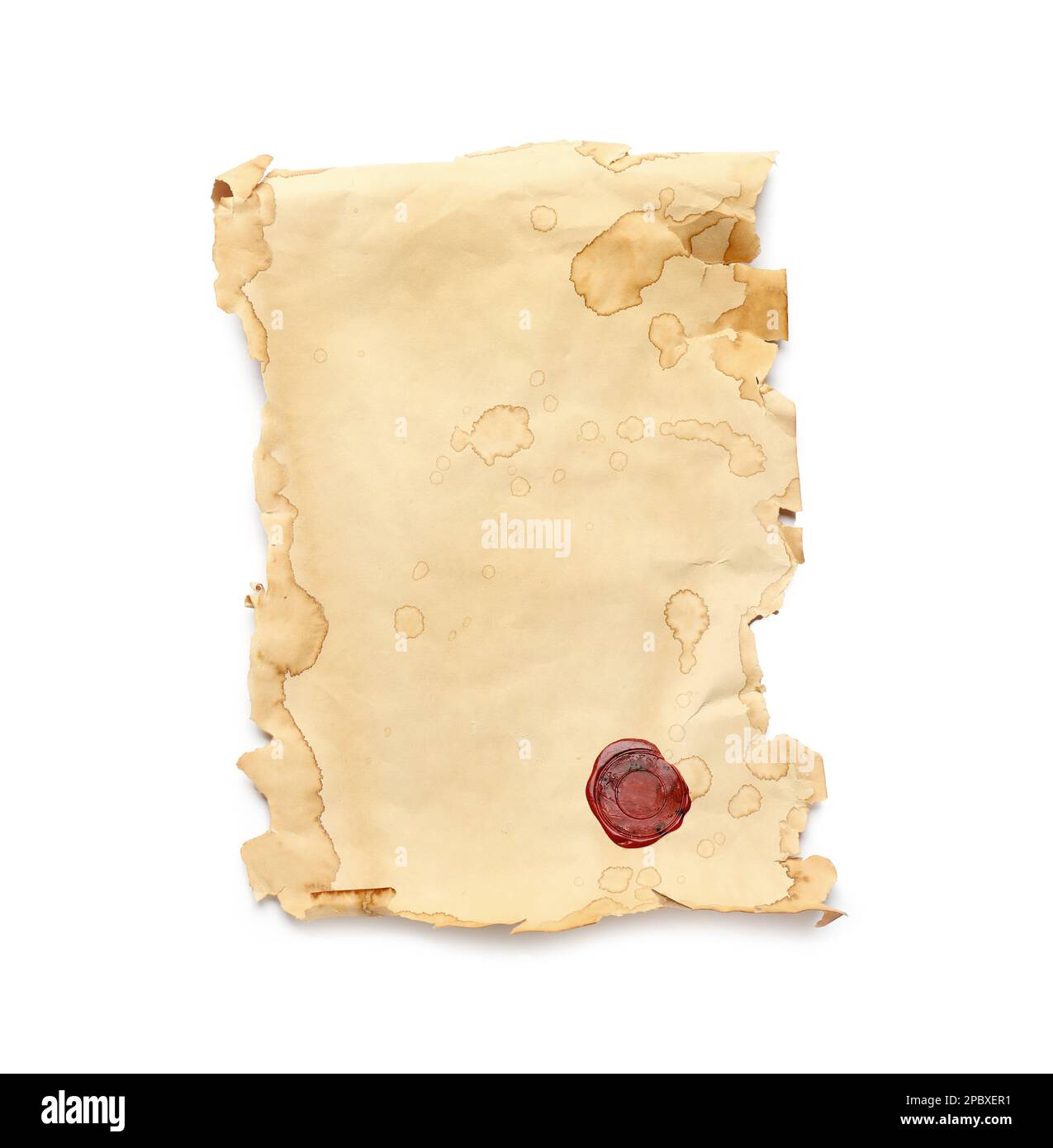 Sheet of old parchment paper with wax stamp isolated on white, top view