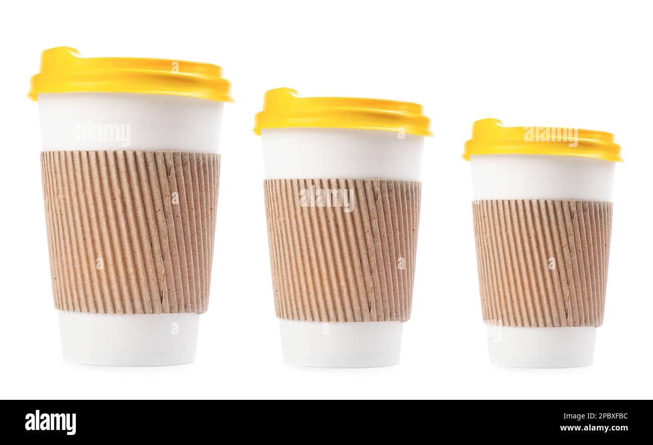 Paper coffee cups of different sizes on white background, collage Stock ...
