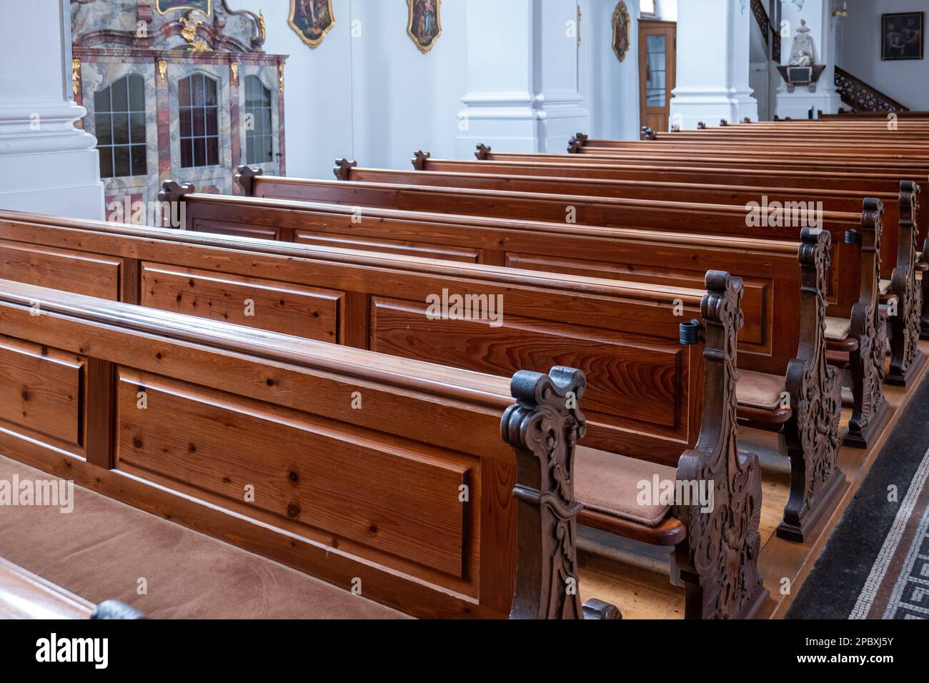 Empty wooden church pews, no people Stock Photo Alamy