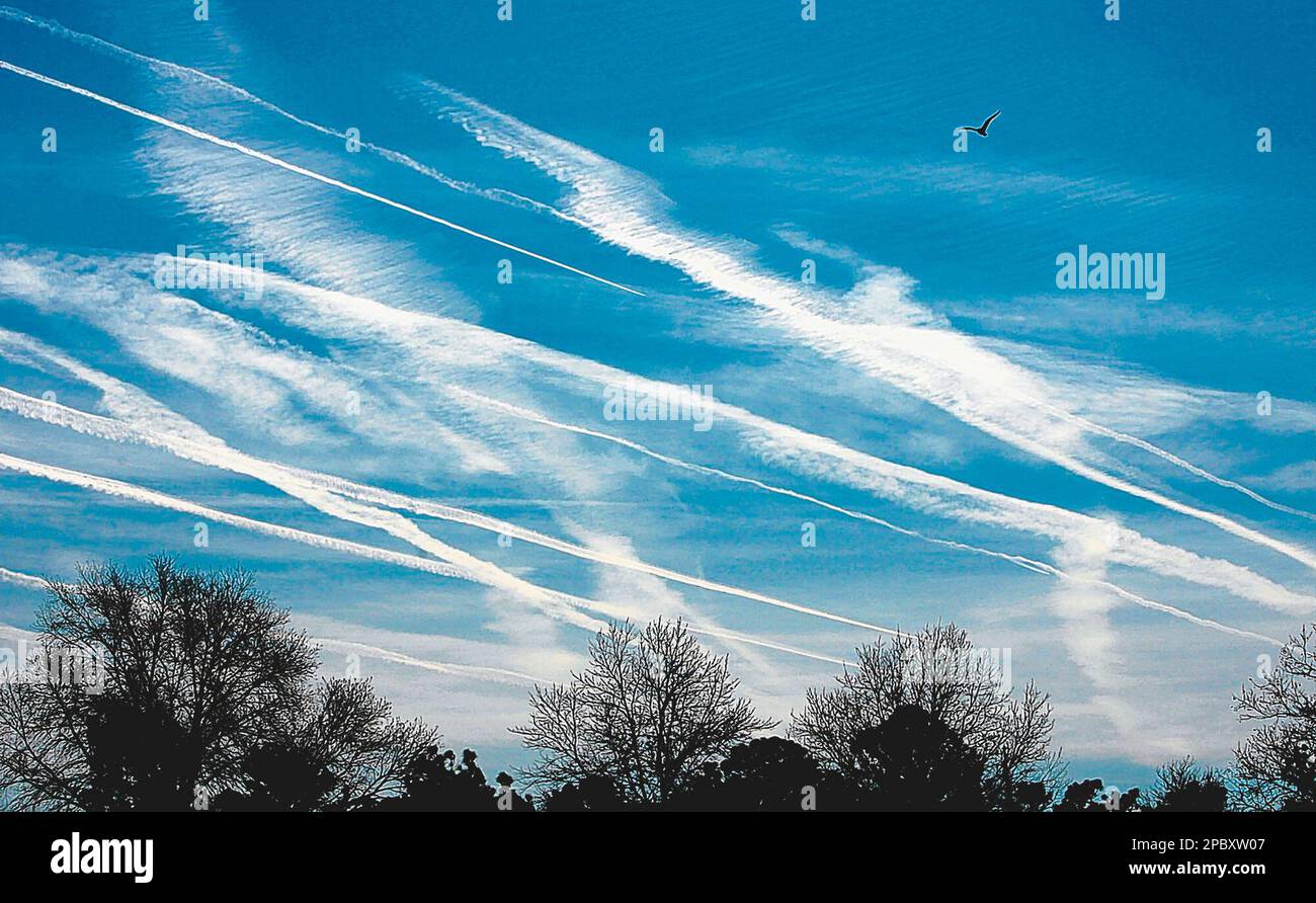 Contrails in the sky over Norfok, Va., are shown Feb. 7, 2007. Pat ...