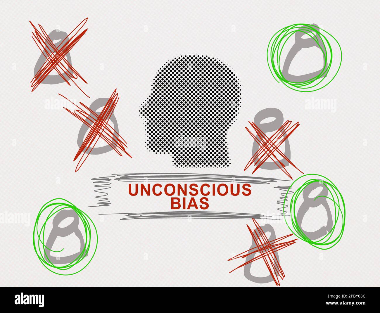 Collage with drawn figures, head and sign Unconscious bias Stock Photo ...