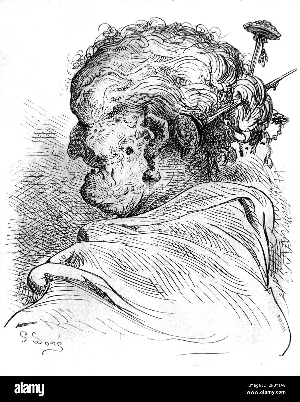 Portrait of Old Spanish Woman from Valence Spain. Vintage or Historic Engraving or Illustration by Gustave Doré 1862 Stock Photo