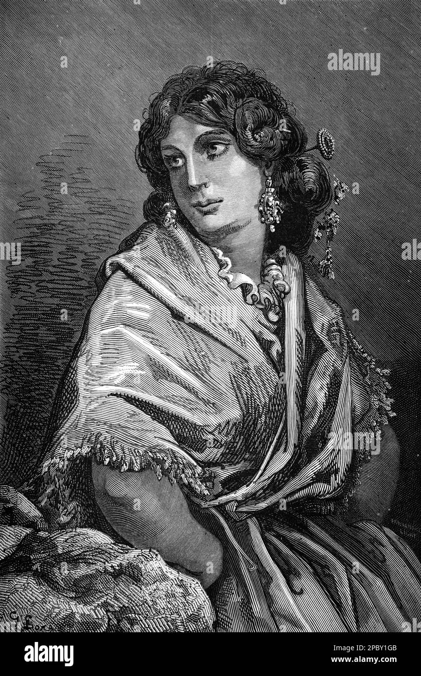 Portrait of Young Spanish Woman from Valence Spain. Vintage or Historical Engraving or Illustration by Gustave Doré.1862 Stock Photo