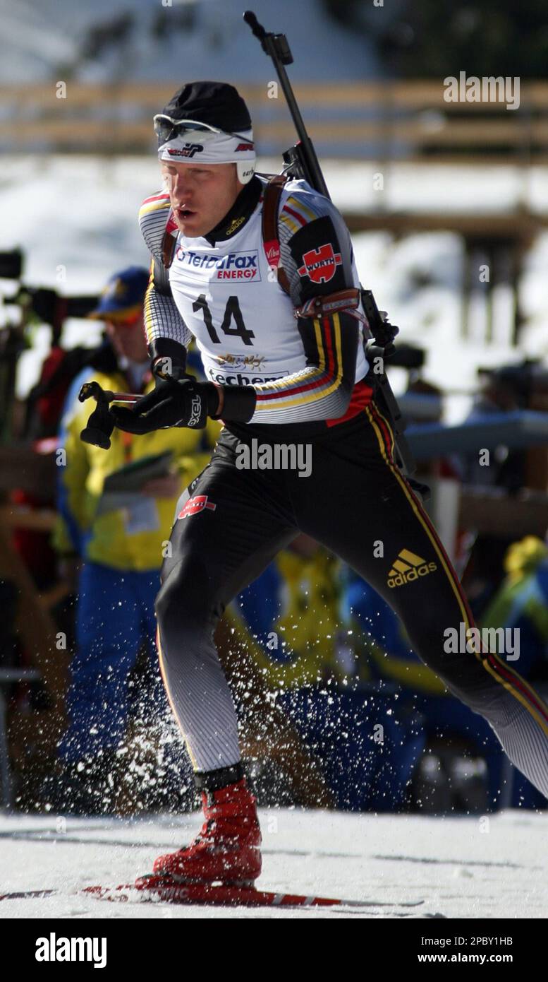 Germany's Jorn Wollschlager skis during the men's 20 kms. individual  competition at the European Biathlon Championships in Bansko, Bulgaria,  Wednesday, Feb. 21, 2007. (AP Photo/Petar Petrov Stock Photo - Alamy