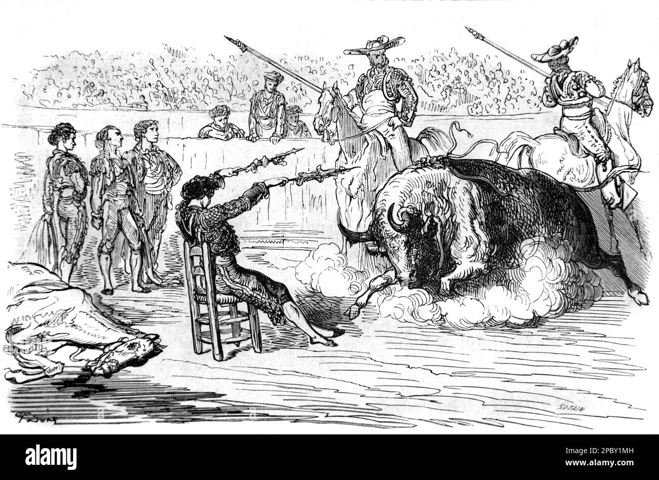 Celebrated Spanish Matador or Bullfighter El Gordito, Antonio Carmona y Luque (1838-1920) and Picadors, or Horse-mounted Bullfighters in Bullfight or Corrida Spain. Vintage or Historic Engraving or Illustration by Gustave Doré 1862 Stock Photo