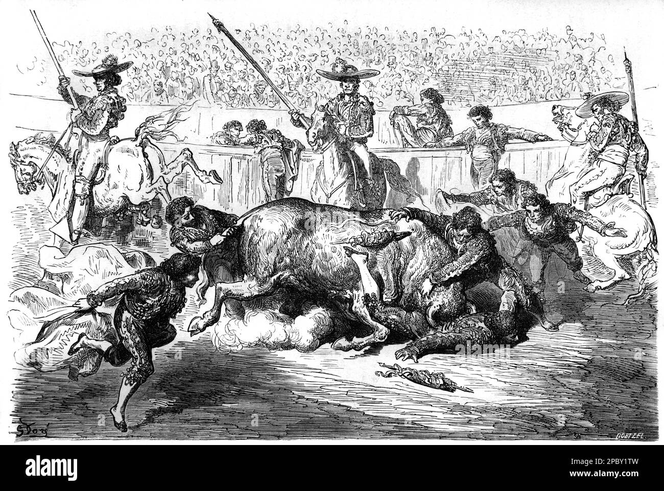A banderillero in danger during a Spanish Bullfight or Corrida Spain. Vintage or Historic Engraving or Illustration by Gustave Doré 1862 Stock Photo