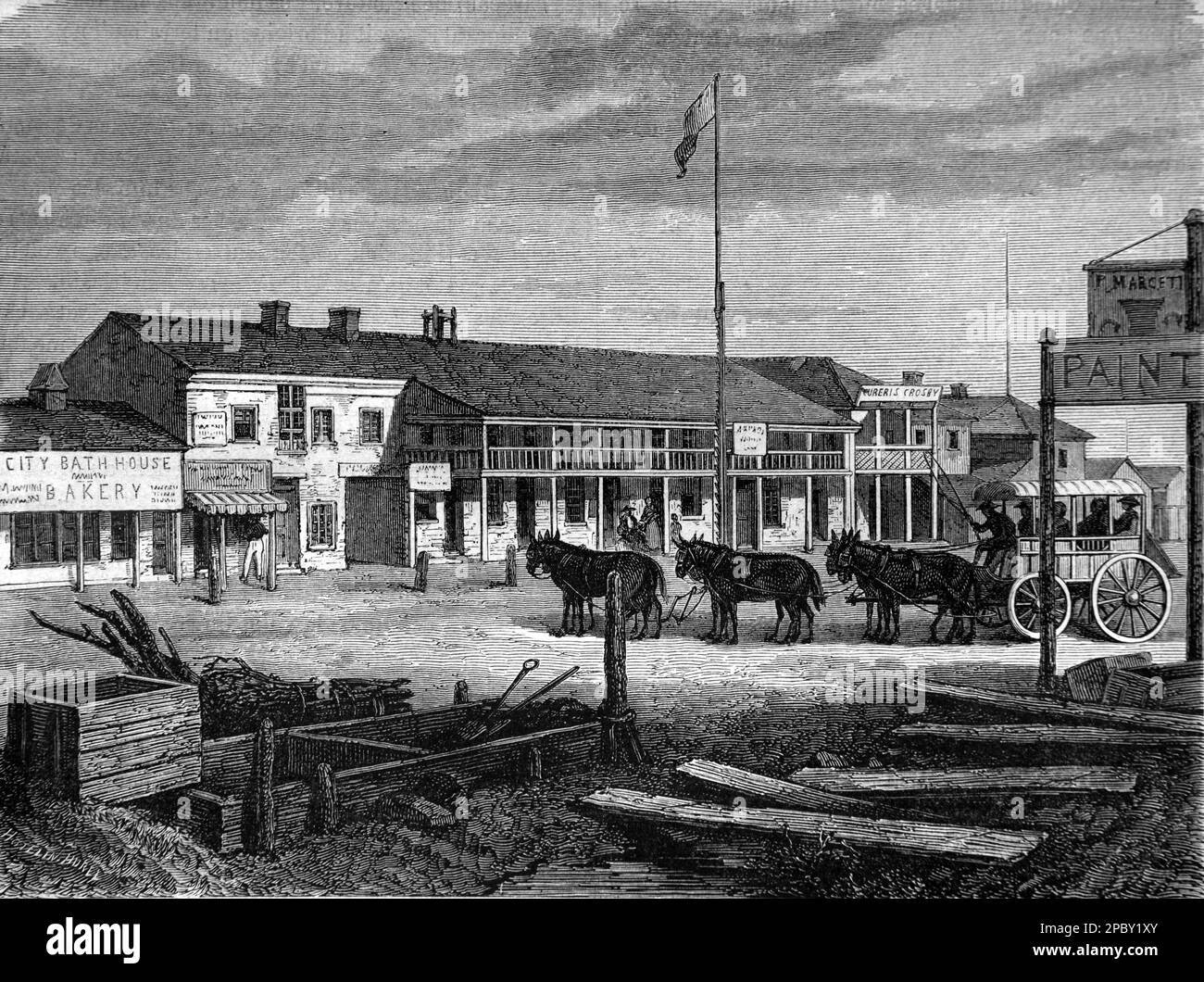 Early or Historic View of the High Street or Main Street with Coach and Horses, Stagecoach or Wagon in Salt Lake City Utah USA. Vintage Engraving or Illustration 1862 Stock Photo