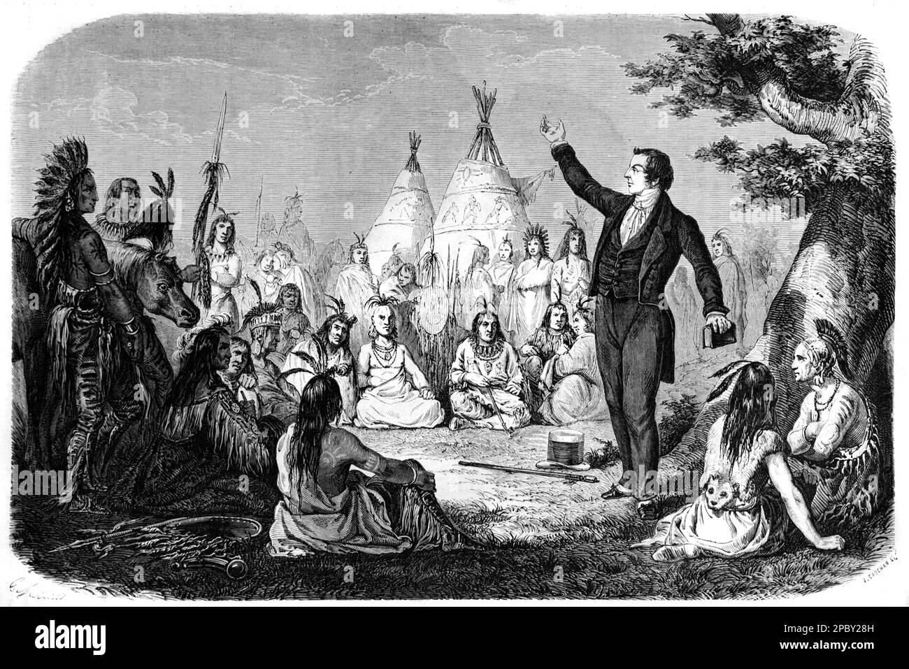 Portrait of Joseph Smith (1805-1844) Founder & First President (1830-1844) of the Church of Jesus Christ Later-day Saints, Mormonism or LDC Movement Preaching to Native Americans, Indians, Amerindians, Indigenous People or Ethnic Group. Vintage or Historic Engraving or Illustration 1862 Stock Photo