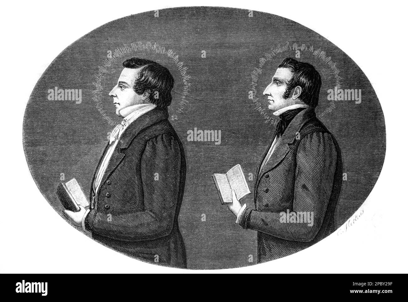 Portrait of Joseph Smith (1805-1844) Founder & First President (1830-1844) of the Church of Jesus Christ Later-day Saints, Mormonism or LDC Movement & His Brother Hyrum Smith (1800-1844) Assistant President of the LDC Church. Vintage or Historic Engraving or Illustration 1862 Stock Photo