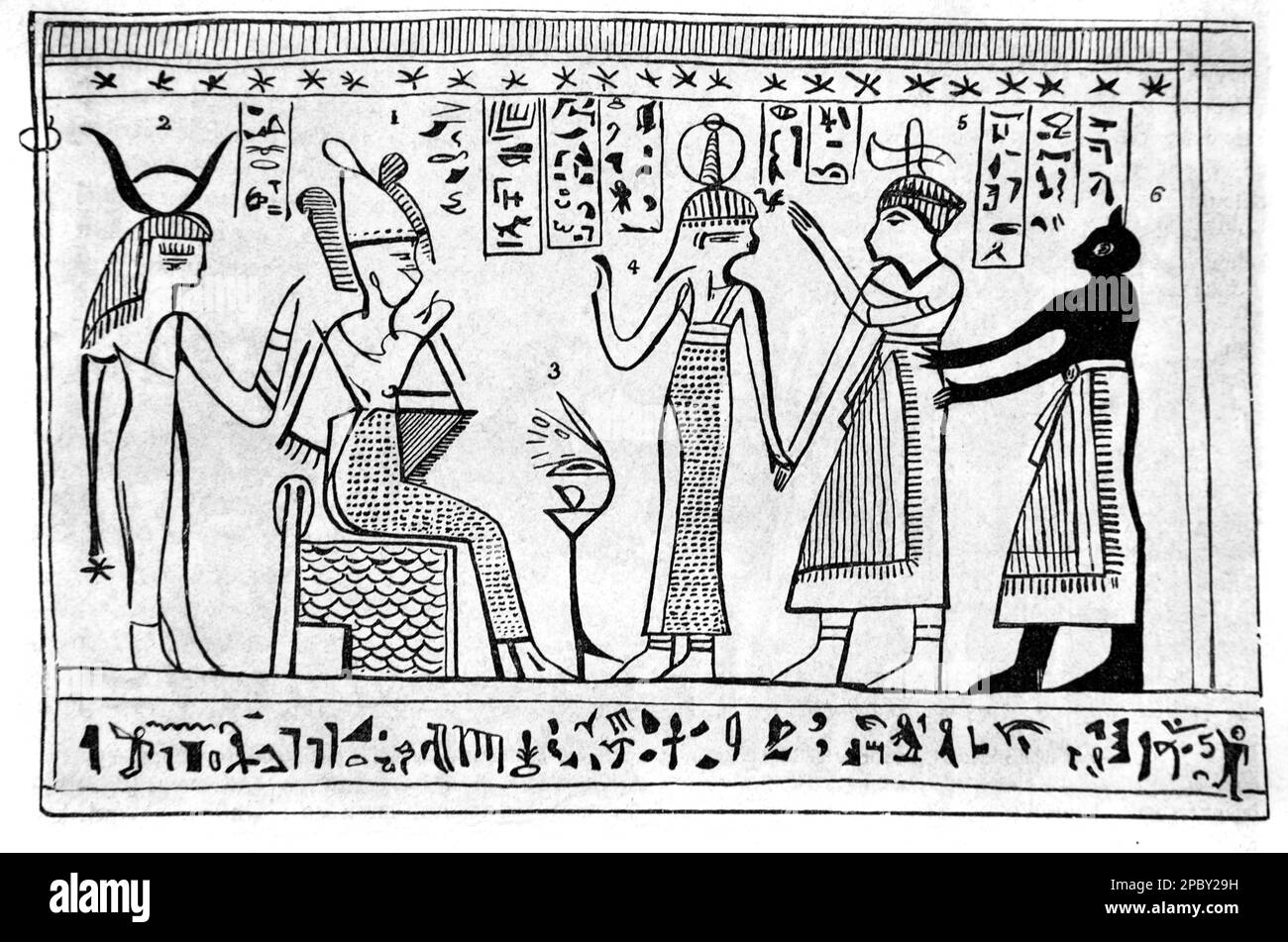 Section of the Joseph Smith Papyri (JSP), actually part of the Egyptian Book of the Dead, recounted in Egyptian Hieroglyphs. Vintage Engraving or Illustration 1862 Stock Photo