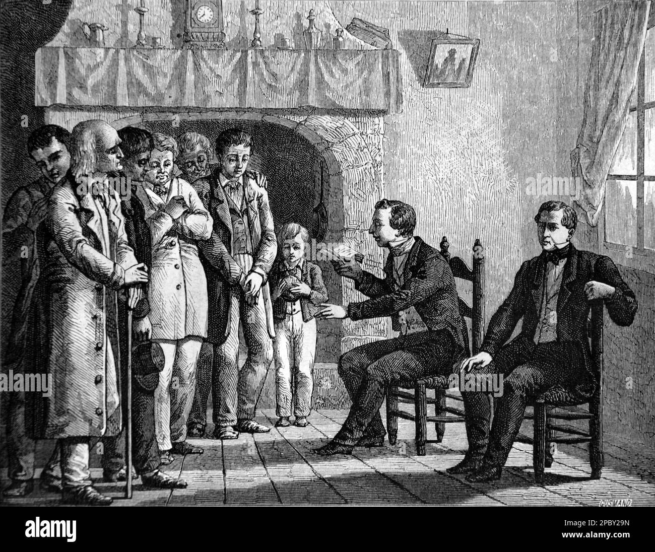 Joseph Smith (1805-1844) Founder & First President (1830-1844) of the Church of Jesus Christ Later-day Saints, Mormonism or LDC Movement Reading from the Book of Mormon. Vintage or Historic Engraving or Illustration 1862 Stock Photo