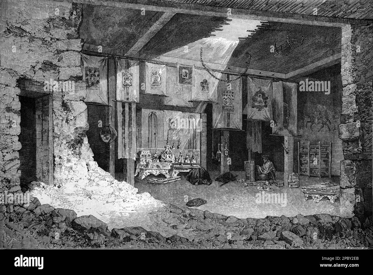 Interior of a Damaged Tibetan Temple Tibet. Vintage or Historic Engraving or Illustration 1862 Stock Photo