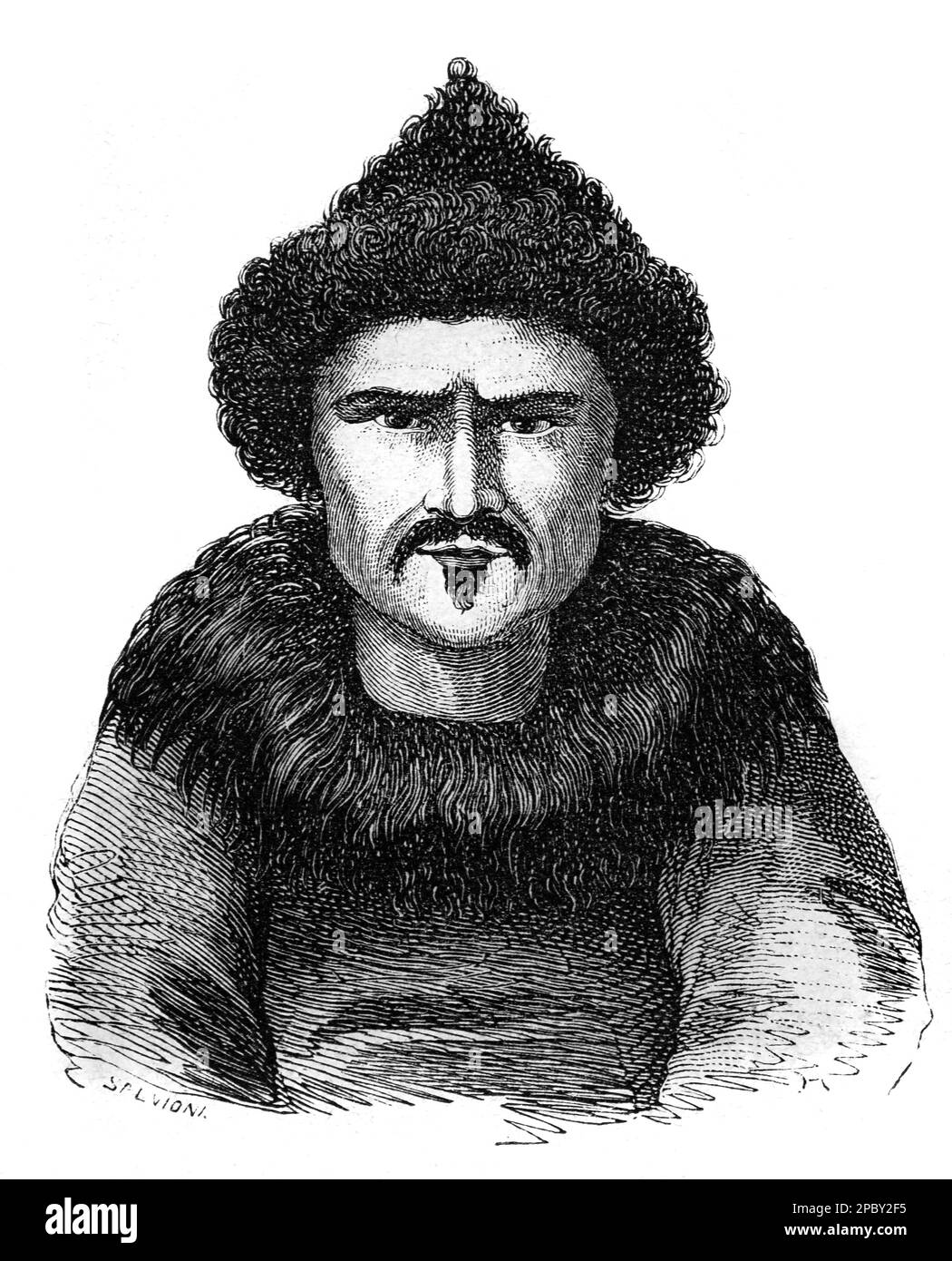 Portrait of a Siberian Man wearing Fur Hat and Winter Clothes Siberia. Vintage or Historical Engraving or Illustration 1862 Stock Photo