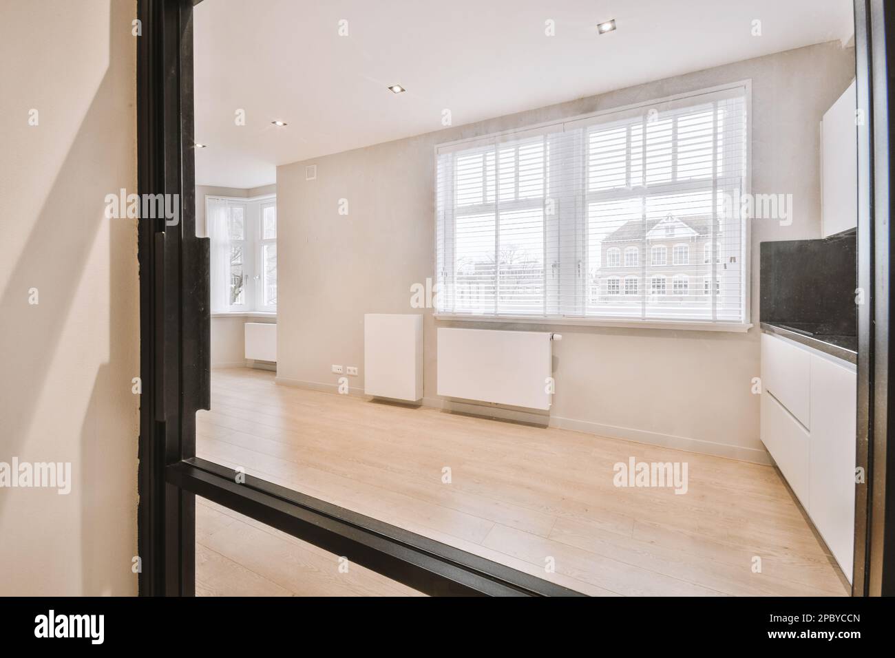 Through glass door of spacious light kitchen interior with white ...