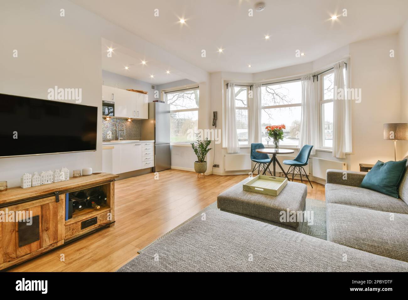 Interior design open plan of kitchen and living room with gray