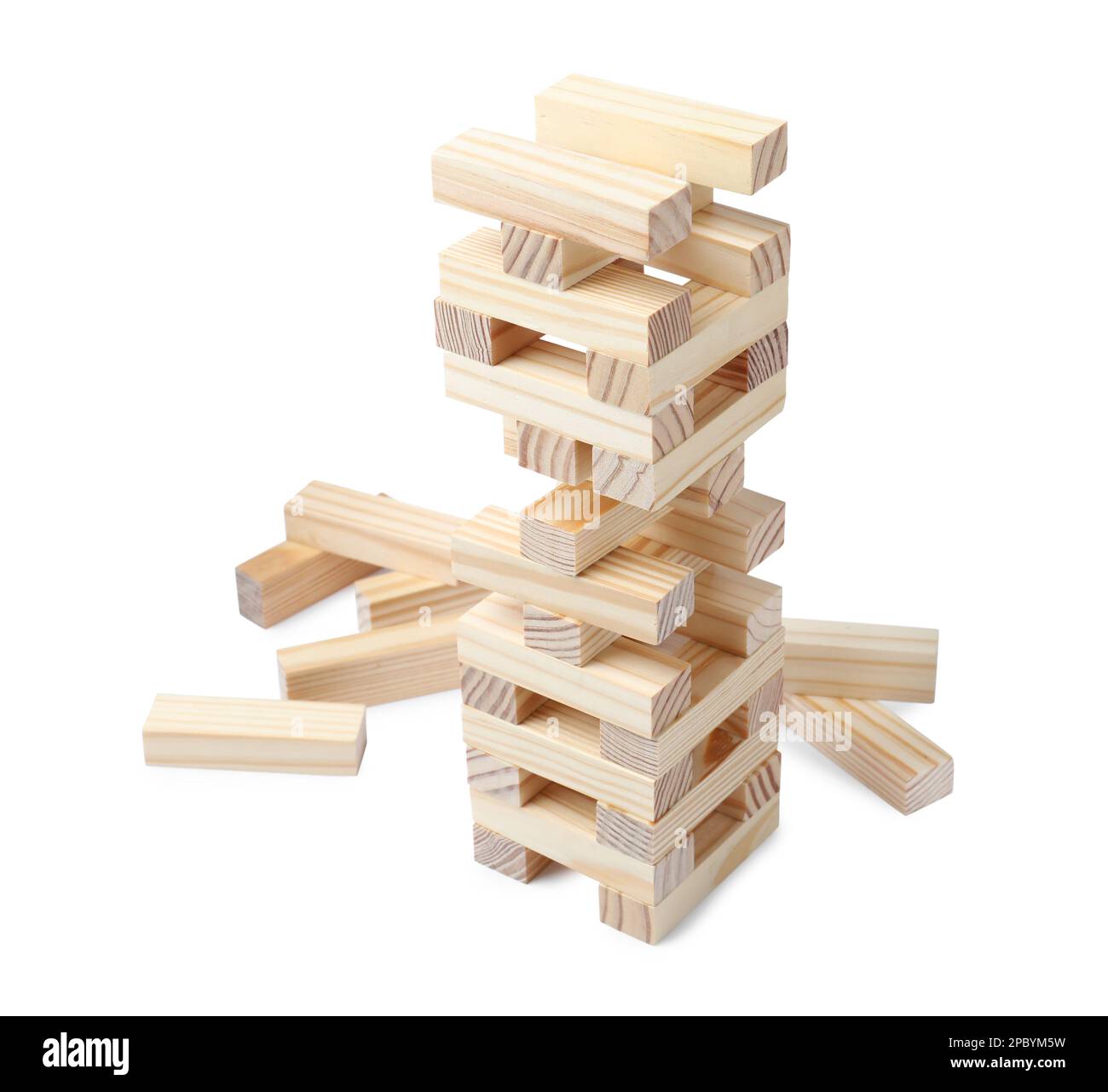 Jenga tower made of wooden blocks on white background Stock Photo