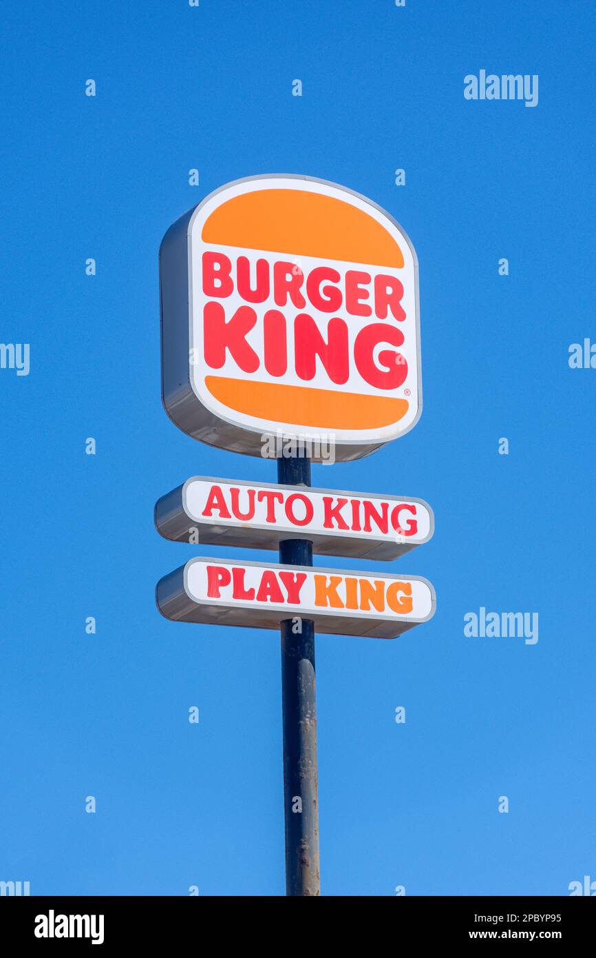 Burger King fast food restaurant sign, Avenue Ntra. Sra. del Carmen, Corralejo, Fuerteventura, Canary Islands, Kingdom of Spain Stock Photo